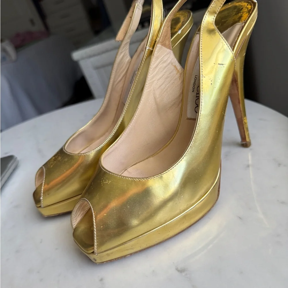 Jimmy Choo Gold High Heeled Slingback Pumps - Picture 7 of 7